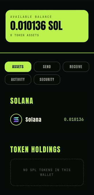 A Solana wallet interface showing an available balance of 0.010136 SOL with options for Assets, Send, Receive, Activity, and Security.