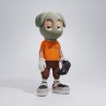 A 3D model of a grey monkey character wearing an orange shirt and brown pants, holding a black shoe against a grey background.