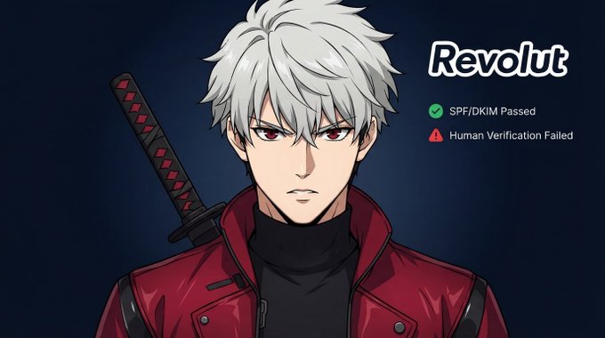 An anime character with white hair and a red jacket holding a katana appears alongside text reading "Revolut" with "SPF/DKIM Passed" and "Human Verification Failed."