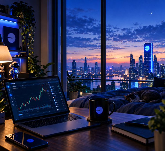 A cozy nighttime scene shows a laptop displaying a trading chart next to a window overlooking a city skyline, with a cat resting on a bed nearby.