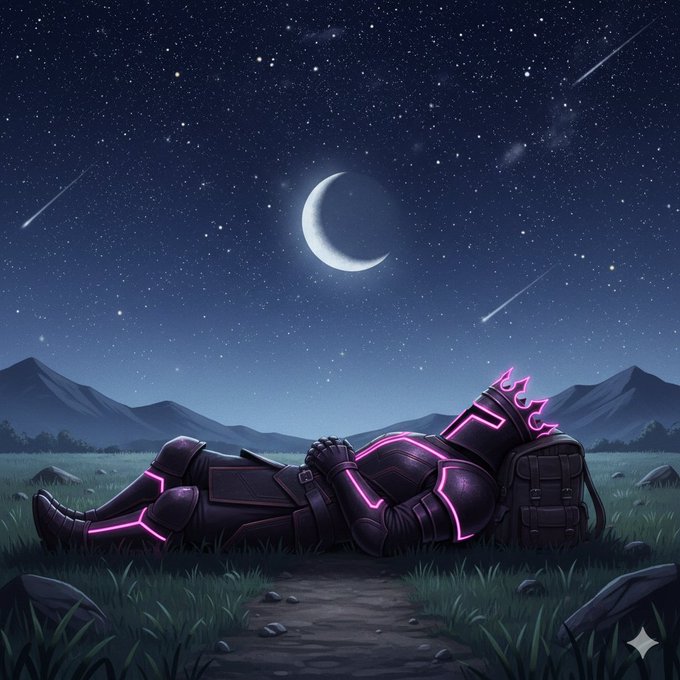 A warrior in glowing pink neon armor rests on a grassy field beneath a starry night sky with a crescent moon and shooting stars, their head propped on a backpack. The peaceful, contemplative scene mirrors the post's reflective "Good Night Legends" message, evoking a moment of rest before tomorrow's battle—fitting for the $STKR community.