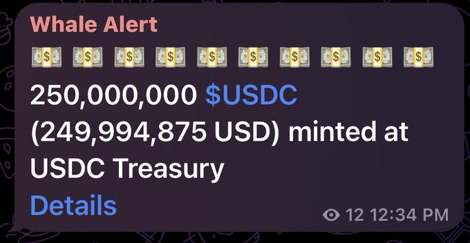 A “Whale Alert” reports that 250,000,000 USDC ($249,994,875) was minted at the USDC Treasury. The alert corresponds to another $250 million in newly issued dollar liquidity on Solana.