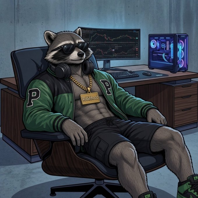 A digital illustration of an anthropomorphic raccoon wearing sunglasses, headphones, and a green varsity jacket with 'P' letters, sporting a gold 'Robinhood' chain while sitting in front of a computer setup showing trading charts.