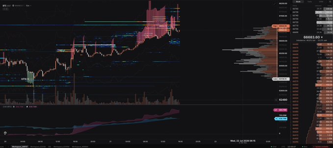 A Bitcoin (BTC) candlestick chart displays price action around 66,683.60 with visible volume profile and order book data, including notable ask walls overhead at 66789 and 66740, illustrating the trader's point about heavy selling pressure and price rejection at the range highs.