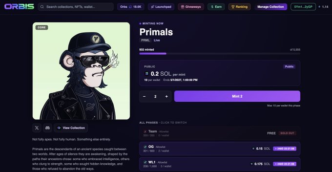 The image shows the Orbis NFT marketplace interface displaying the live minting page for the "Primals" collection on Solana, priced at 0.2 SOL with 932 of 5,000 already minted. The page features a punk-styled monkey NFT with a "CORE" label, mint controls set to 2, and public phase details including allocations for OG and WLT wallet tiers—matching the post announcing PrimalsNFTx's official public mint launch on Orbis.