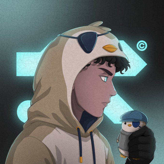 Anime-style illustration of a character wearing a pigeon/bird hoodie with sunglasses perched on top, holding a small plush penguin toy.
