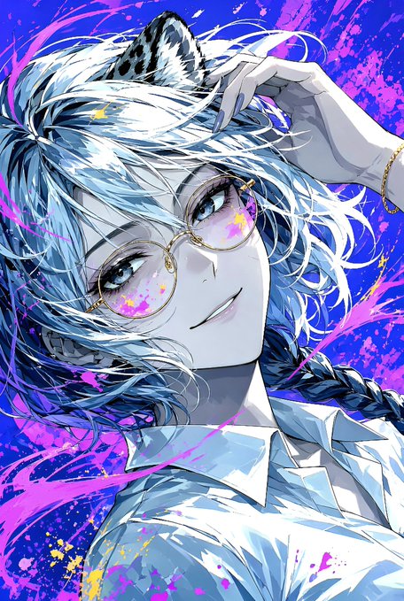An anime-style illustration of a character with silver hair, cat ears, and round glasses with a colorful paint-splatter background.