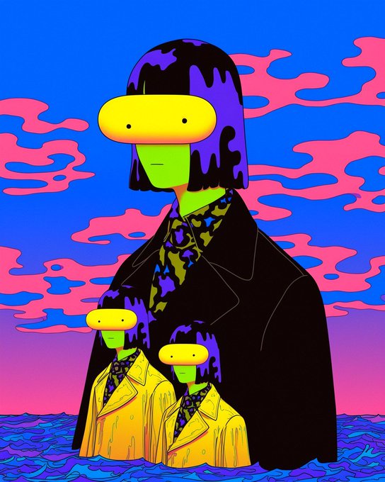 A stylized, colorful illustration depicts three figures with green faces and yellow eye coverings wearing dark and yellow coats, set against a vibrant pink and blue cloud-filled sky.