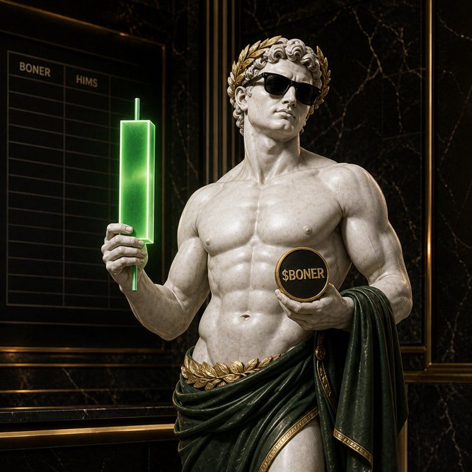 A marble statue of a Greek god wearing sunglasses and a laurel wreath holds a glowing green popsicle while displaying a "$BONER" token, standing beside a chalkboard labeled "BONER" and "HIMS"—visually representing the crypto treasury holdings and stock positions listed in the daily portfolio update.
