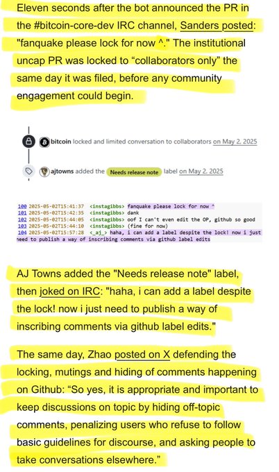 Highlighted text and a screenshot about the bitcoin GitHub repository being locked on May 2, 2025, with a 'Needs release note' label, quoting user 'instagibbs' and 'ajtowns' from IRC.