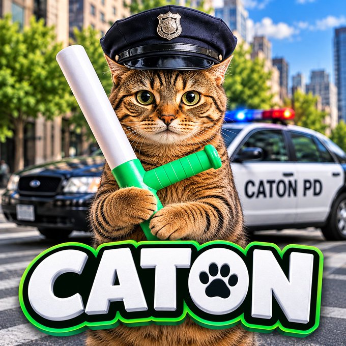 A digital illustration of a tabby cat wearing a police officer's hat and holding a green and white traffic baton, with a police car labeled "CATON PD" behind it and the word "CATON" in large stylized letters at the bottom.