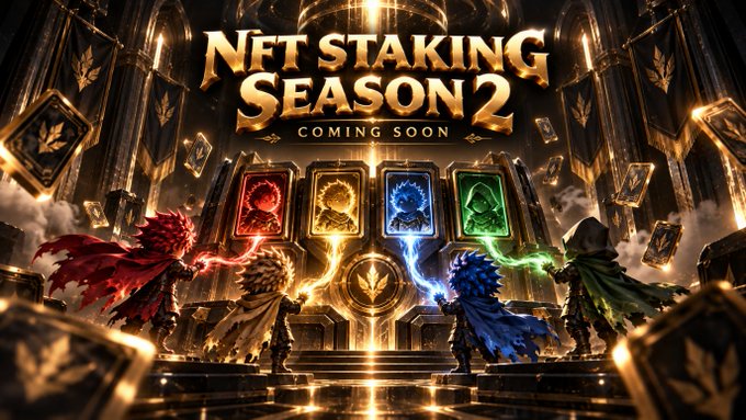 Promotional graphic reading 'NET STAKING SEASON 2 - COMING SOON' featuring four armored characters in red, gold, blue, and green standing before a glowing temple with elemental symbols.