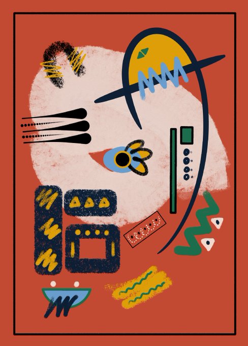 An abstract digital illustration featuring bold geometric shapes, squiggles, and symbols in vibrant colors against a red-orange background with a central pink textured area.