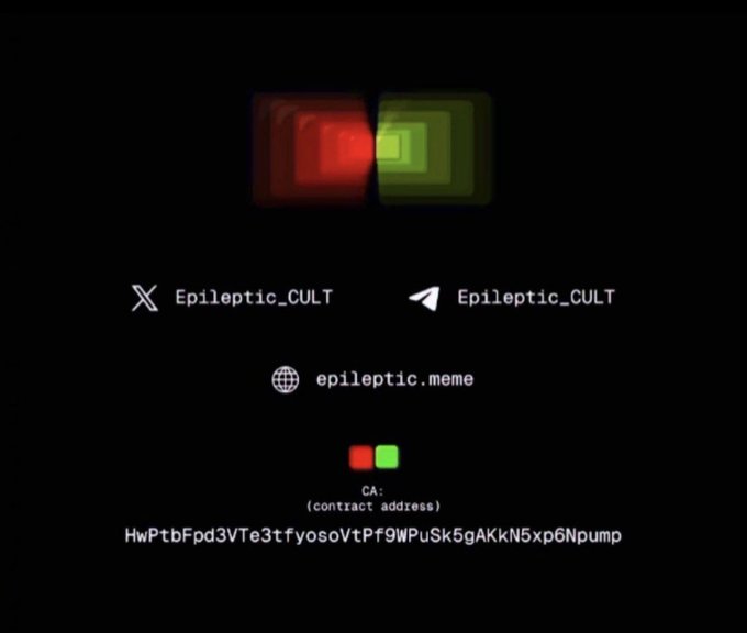 The image features a black background with two red squares positioned at the top center and bottom right corner. Below these squares are three lines of text, including one that reads "Epileptic.Cult" and another that says "@Epileptic_CULT on Solana one of many." The text also includes a website address for the Epileptic Cults meme.