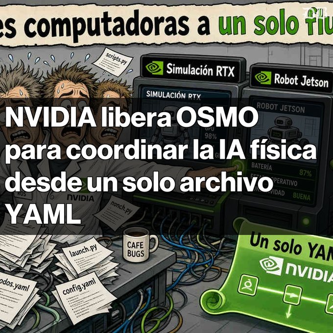 A satirical illustration with Spanish text overlay 'NVIDIA libera OSMO para coordinar la IA física desde un solo archivo YAML' depicting stressed workers at NVIDIA computers.