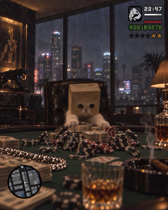 A Grand Theft Auto V screenshot showing a cat with a paper bag over its head sitting at a casino poker table surrounded by chips, cash, and a whiskey glass with a city skyline in the background.