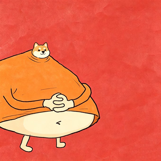 A whimsical illustration shows a chubby Shiba Inu dog wearing an oversized orange shirt, with only its small head, paws, and belly visible against a vibrant red background. The cartoonish dog humorously represents the Shiba Inu ($SHIB) theme discussed in the post, emphasizing the token's community and meme-driven nature alongside mentions of $PUPPY, $ROAR, and Woofswap v3.