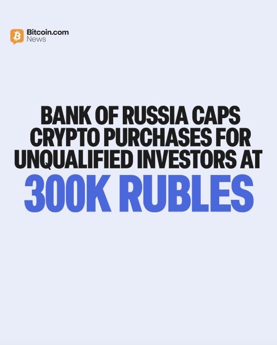 The image is a Bitcoin.com News graphic with the headline "Bank of Russia Caps Crypto Purchases for Unqualified Investors at 300K Rubles," which highlights the central regulatory announcement featured in the accompanying post about new Russian investment limits.