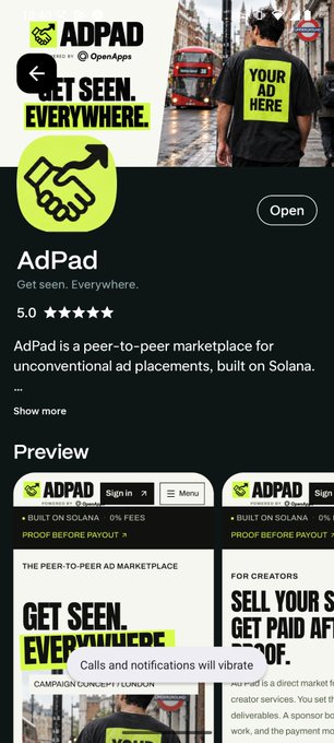 App store listing for AdPad, a peer-to-peer marketplace for unconventional ad placements built on Solana, showing a 5.0 star rating, and noting 'Calls and notifications will vibrate'.