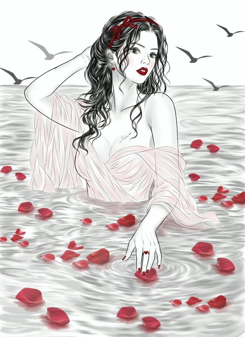 An illustration of a woman with flowing dark hair and red lipstick emerging from rippling water scattered with red rose petals, wearing a light, draped garment and a red ribbon in her hair.