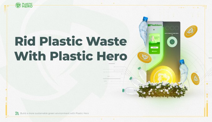 Advertisement for 'Plastic Hero' featuring the text 'Rid Plastic Waste With Plastic Hero' alongside a recycling machine interface and floating plastic bottles.