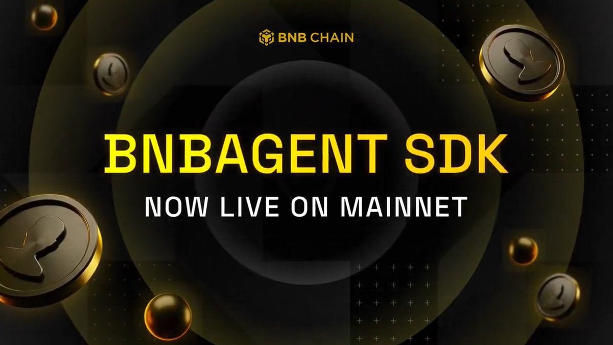 The image features a banner for the BNB Agent SDK, which is an open-source software designed to help developers create smart contract applications. The banner displays three gold coins against a black background, with the text "BNB Agent SDK" written in yellow at the top and "Now Live on Mainnet" below it. This suggests that the image is promoting the BNB Agent SDK for use on the mainnet, likely as part of a marketing campaign to attract potential users or partners.