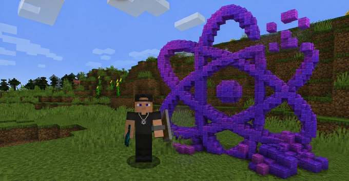 A Minecraft player stands proudly in front of an impressive atom-shaped build constructed from purple blocks, showcasing their building skills. The image relates to the post by demonstrating their creative mastery in the XPR Network community.
