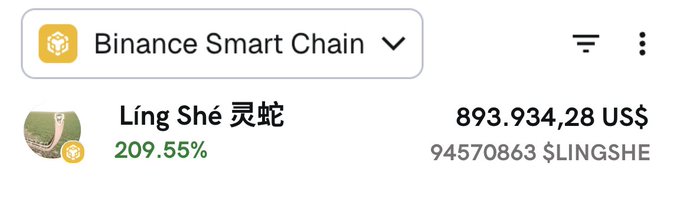 This image displays cryptocurrency information for "Líng Shé 灵蛇" on Binance Smart Chain, showing 94,570,863 $LINGSHE tokens valued at 893,934.28 US$. The accompanying post is promoting an airdrop of 120,000 $LingShe tokens.