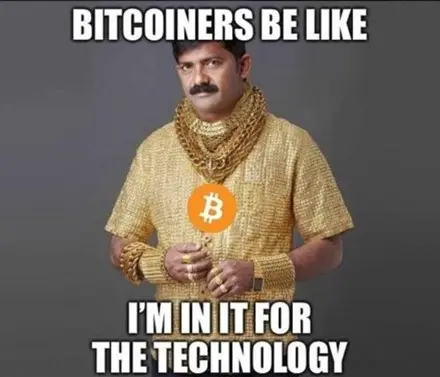 A meme features a man heavily adorned in gold jewelry and clothing, with a Bitcoin logo edited onto his chest, accompanied by the text 'BITCOINERS BE LIKE' at the top and 'I'M IN IT FOR THE TECHNOLOGY' at the bottom.