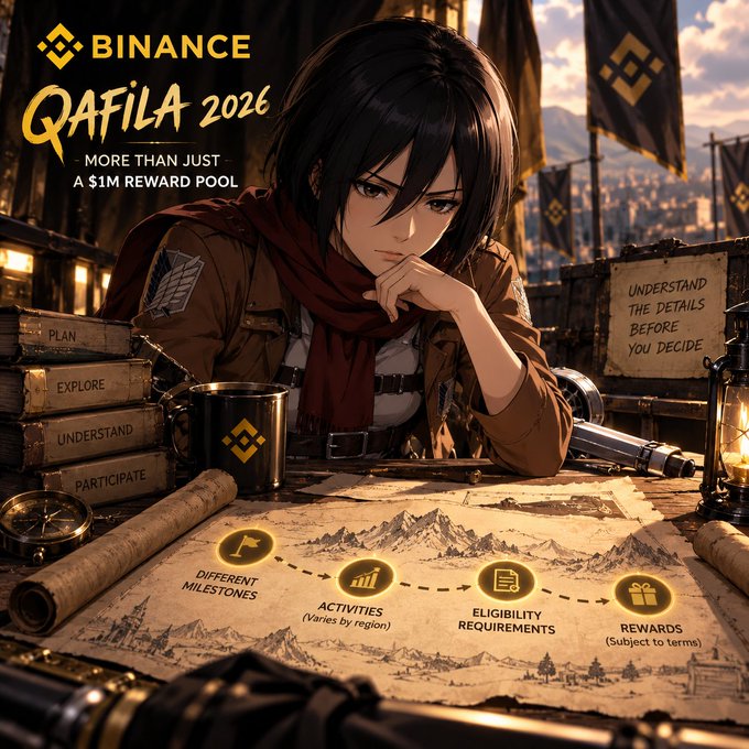 A Binance “QAFILA 2026” promotional illustration showing a character studying a map labeled with steps such as “DIFFERENT MILESTONES,” “ACTIVITIES,” “ELIGIBILITY REQUIREMENTS,” and “REWARDS,” plus “MORE THAN JUST A $1M REWARD POOL.”