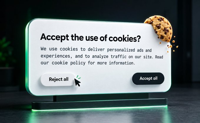 A modern cookie consent pop-up asks 'Accept the use of cookies?' with 'Reject all' and 'Accept all' buttons, decorated with a chocolate chip cookie graphic.
