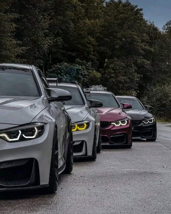 A photo of four BMW M-series cars (in white, gray, dark red, and black) parked diagonally in a row, with their distinctive yellow and white LED angel-eye headlights illuminated against a wooded background.