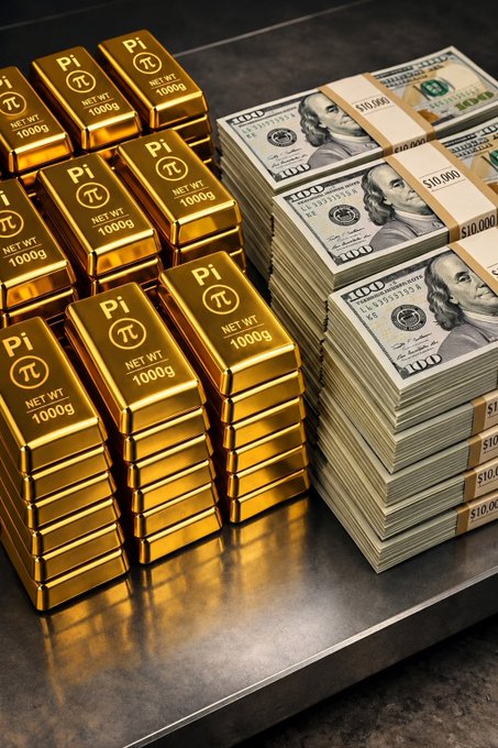 Stacks of gold bricks marked "Pi NET WT 1000g" sit beside bundles of $100 US bills labeled "$10,000," visually equating Pi cryptocurrency to the mathematical value 314,159. The image illustrates the proposed GCV consensus valuation, pairing physical gold and cash as a metaphor for the aspirational $314,159 per Pi price claimed by Pi Network supporters.