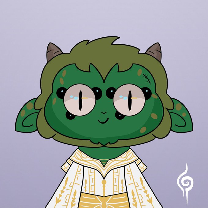 A cartoon illustration of a cute green creature with multiple eyes wearing an ornate white and gold ceremonial robe against a light purple background.