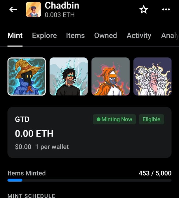 A mobile app screenshot displays an NFT collection titled 'Chadbin' with a mint price of 0.00 ETH and 453 items minted out of 5,000.