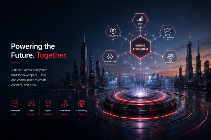 A promotional graphic titled 'Powering the Future. Together.' describing a decentralized ecosystem for developers, users, and communities, featuring a hexagonal network diagram with categories like DeFi, Payments, NFT & Entertainment, Manufacturing, and DAO Governance.