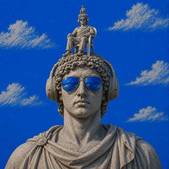 A classical stone statue wears modern aviator sunglasses and headphones, with a tiny seated figure perched atop its curly head—all set against a surreal blue sky with scattered clouds, embodying the post's call to "build weird shit" by blending ancient art with absurd, contemporary twists.