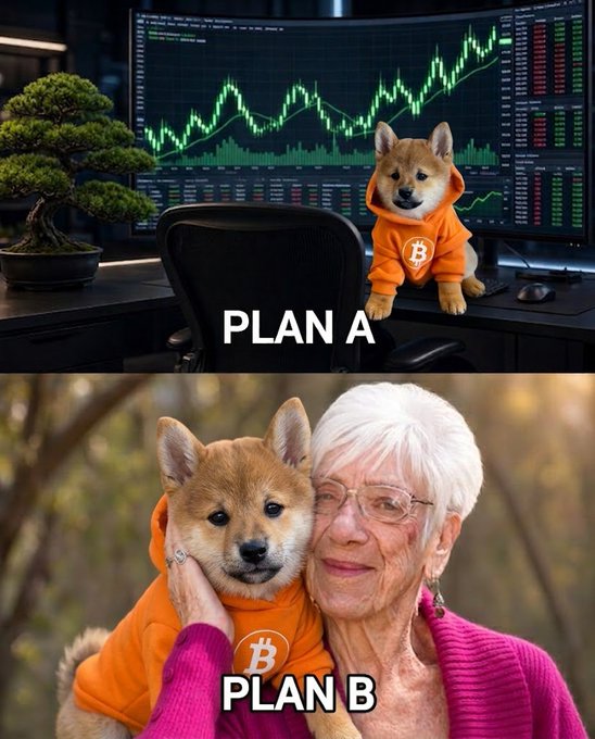 A two-panel meme showing a Shiba Inu dog wearing an orange Bitcoin hoodie: the top panel labeled "PLAN A" shows the dog at a trading desk with rising charts, while the bottom panel labeled "PLAN B" shows the dog being held by an elderly woman.