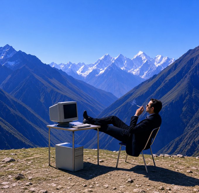 A man in a suit smokes a cigarette with his feet up on a desk while using a vintage computer, set against a scenic mountain backdrop.