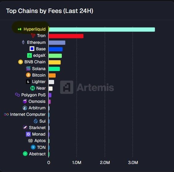 The image shows a bar graph with three different bars representing the top chains by fees for the past 24 hours. The highest paying chain is Hyper Liquid, which stands out among the others due to its large height on the graph. Another chart indicates that there was a spike in network fees after a few hours into the last day of the week.