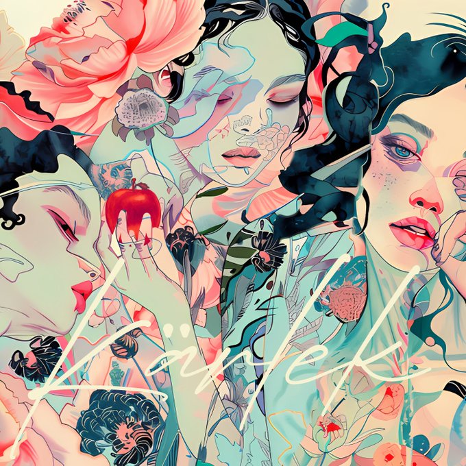 A colorful, surreal illustration featuring multiple female faces intertwined with large pink flowers, flowing teal hair, and a hand holding a red apple, overlaid with the word 'Fighter' in a cursive white font.