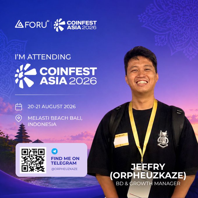 A promotional graphic for COINFEST ASIA 2026 showing a smiling man named 'JEFFRY (ORPHEUZKAZE), BD & GROWTH MANAGER,' with event details '20-21 AUGUST 2026, MELASTI BEACH BALI, INDONESIA' and a Telegram QR code.