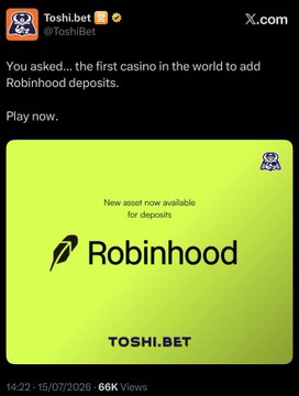 The image is a promotional post from Toshi.bet (@ToshiBet) on X, featuring a green graphic that reads "Now asset now available for deposits" alongside the Robinhood logo and the Toshi.bet branding. The accompanying text celebrates Toshi.bet as the first casino to add Robinhood deposits, emphasizing their lead over competitors.
