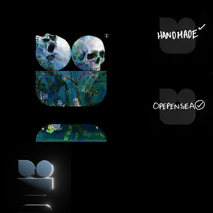 An artistic composition featuring skulls with a multicolored, iridescent finish over a floral-patterned base, alongside 'HANDMADE' and 'OPENSEA' labels, likely promoting an NFT collection.