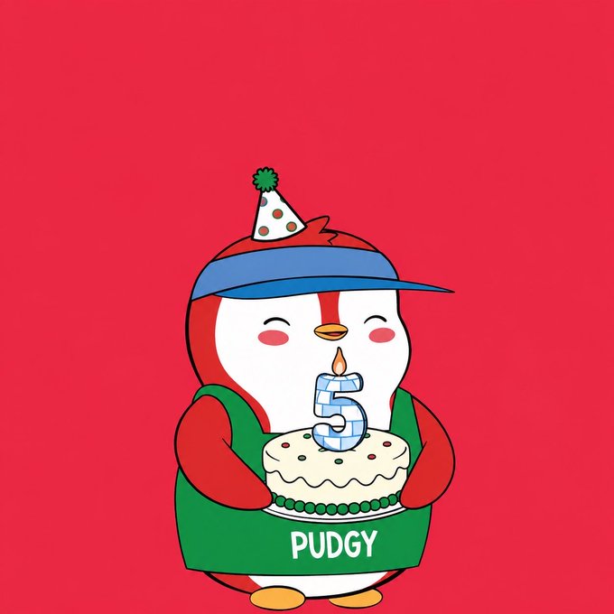 Cartoon illustration of a chubby red and white penguin character wearing a party hat and green vest labeled 'PUDGY', holding a birthday cake with a candle shaped like the number 5 on a red background.