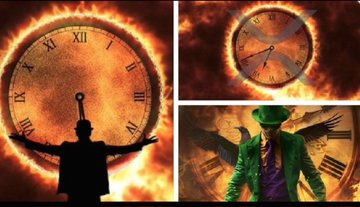 A silhouette stands with arms outstretched before a fiery, eclipse-ringed clock, while a figure in a green suit and top hat appears amid burning Roman numerals—evoking the arrival of the great eclipse as a dramatic, time-altering event.