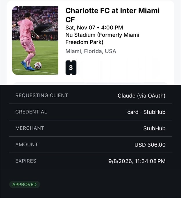 The image shows an approved StubHub payment authorization for USD 306.00 to attend the Charlotte FC at Inter Miami CF match on November 7th at Nu Stadium, where Messi and Inter Miami play—perfectly illustrating PayBox's appeal to Messi fans looking to secure tickets.