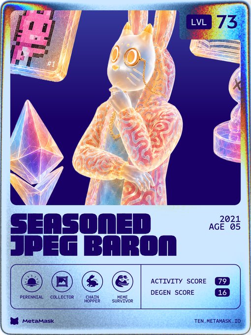 A MetaMask NFT-style profile card titled 'SEASONED JPEG BARON' (Level 73, 2021, Age 05) featuring a translucent rabbit-headed humanoid avatar, with stats like Activity Score 79, Degen Score 16, and traits: Perennial, Collector, Chain Hopper, Meme Survivor.