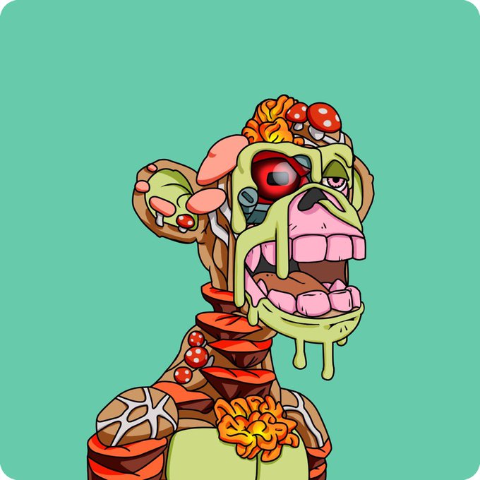 A stylized cartoon illustration of a grotesque zombie-like creature made of meat and food parts, featuring teeth, mushrooms, brain matter, and a red robotic eye, set against a teal background.