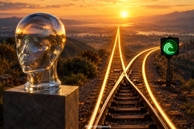 A surreal landscape featuring a clear glass head on a pedestal, glowing train tracks, and a green signal light at sunset, labeled '#BullcorrectCommunity'.